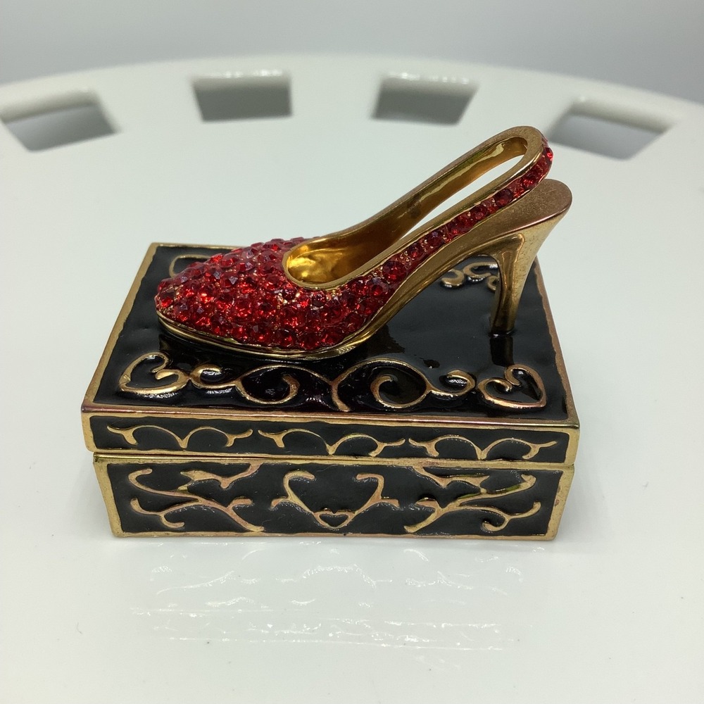VTG Enamel‎ Trinket Pill Box Ruby Red High Heel Stiletto Jeweled Slipper